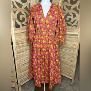 Millie Resort & Travel Floral Bubble Sleeve MIDI Dress Size Small